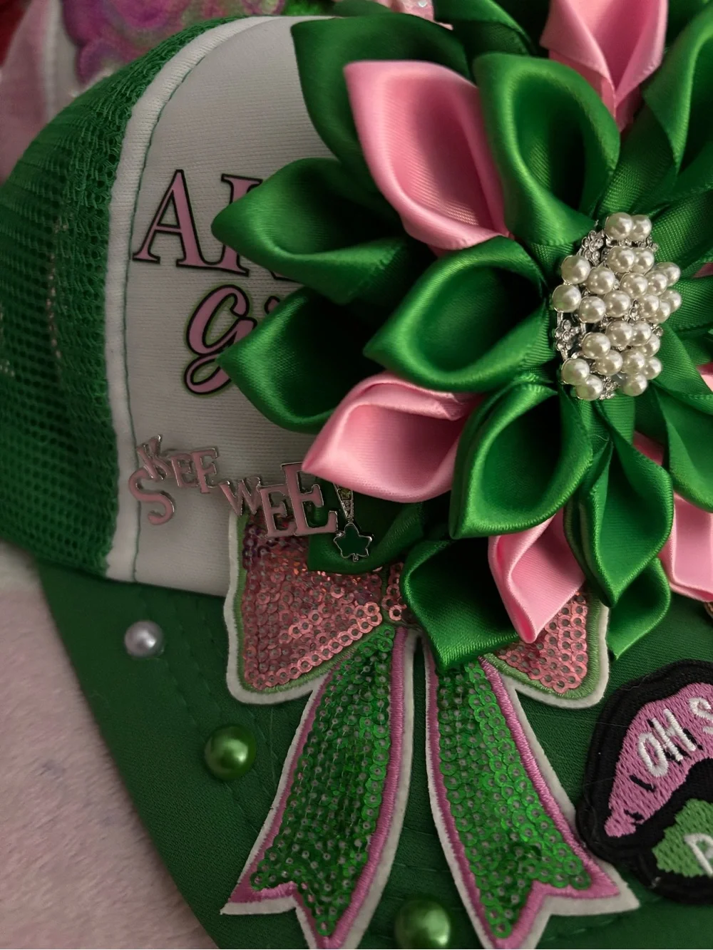 Green Trucker Hat with Pink & Green Ribbon Flower